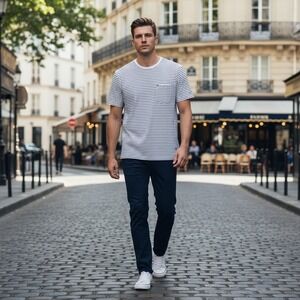 No Excess Mens Grey White Striped Short Sleeve Pocket EU XL 95-320208